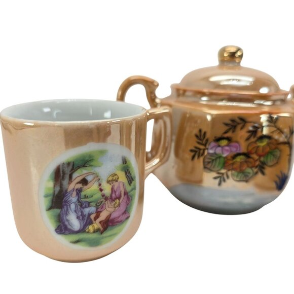 Vintage Japanese Lusterware Tea Set With Floral & Laurel Leaf Farm Scene JE111 - Picture 3 of 13
